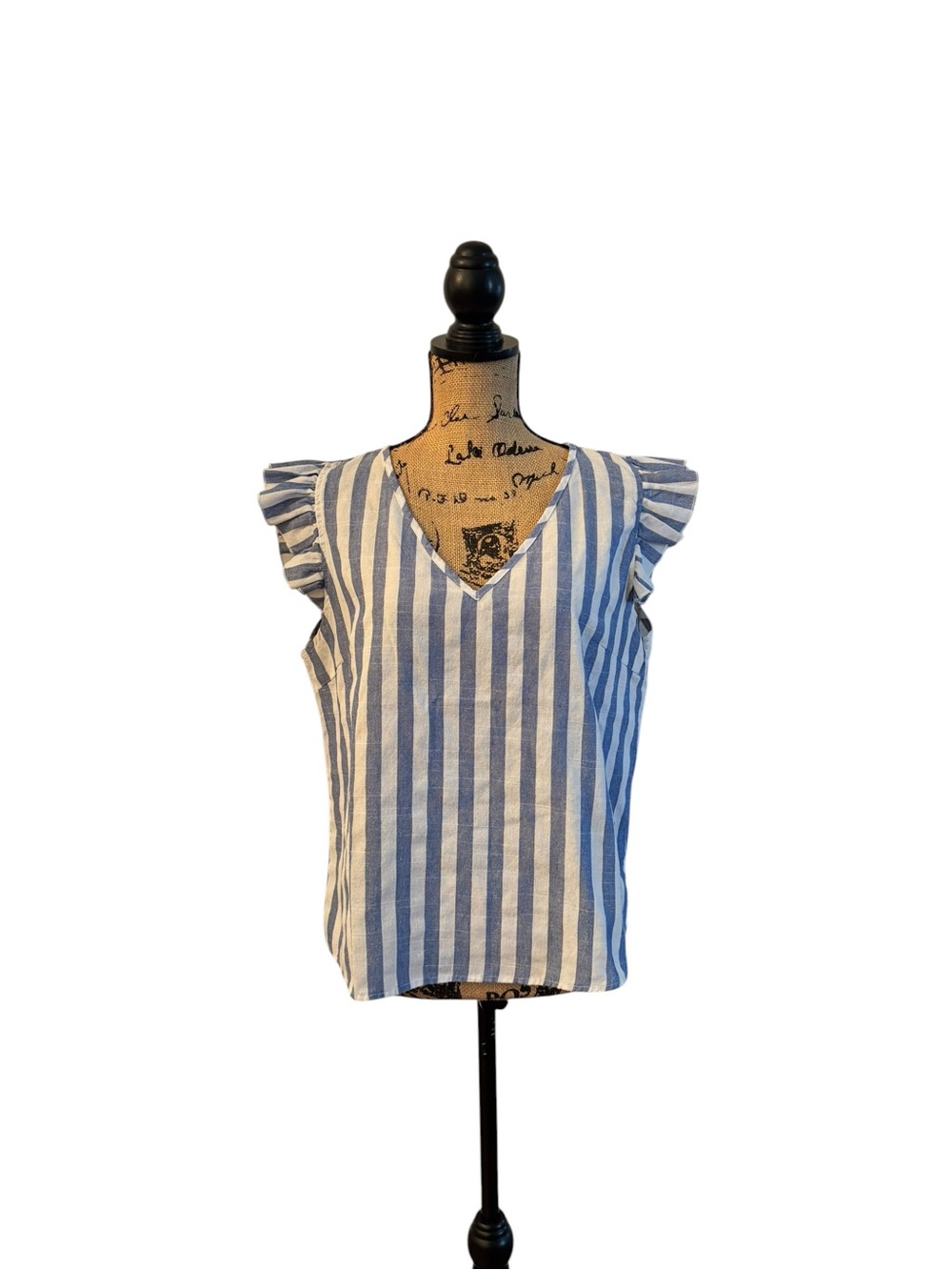 SHEIN Blue and White Striped V-Neck Ruffle Sleeve Tank Large